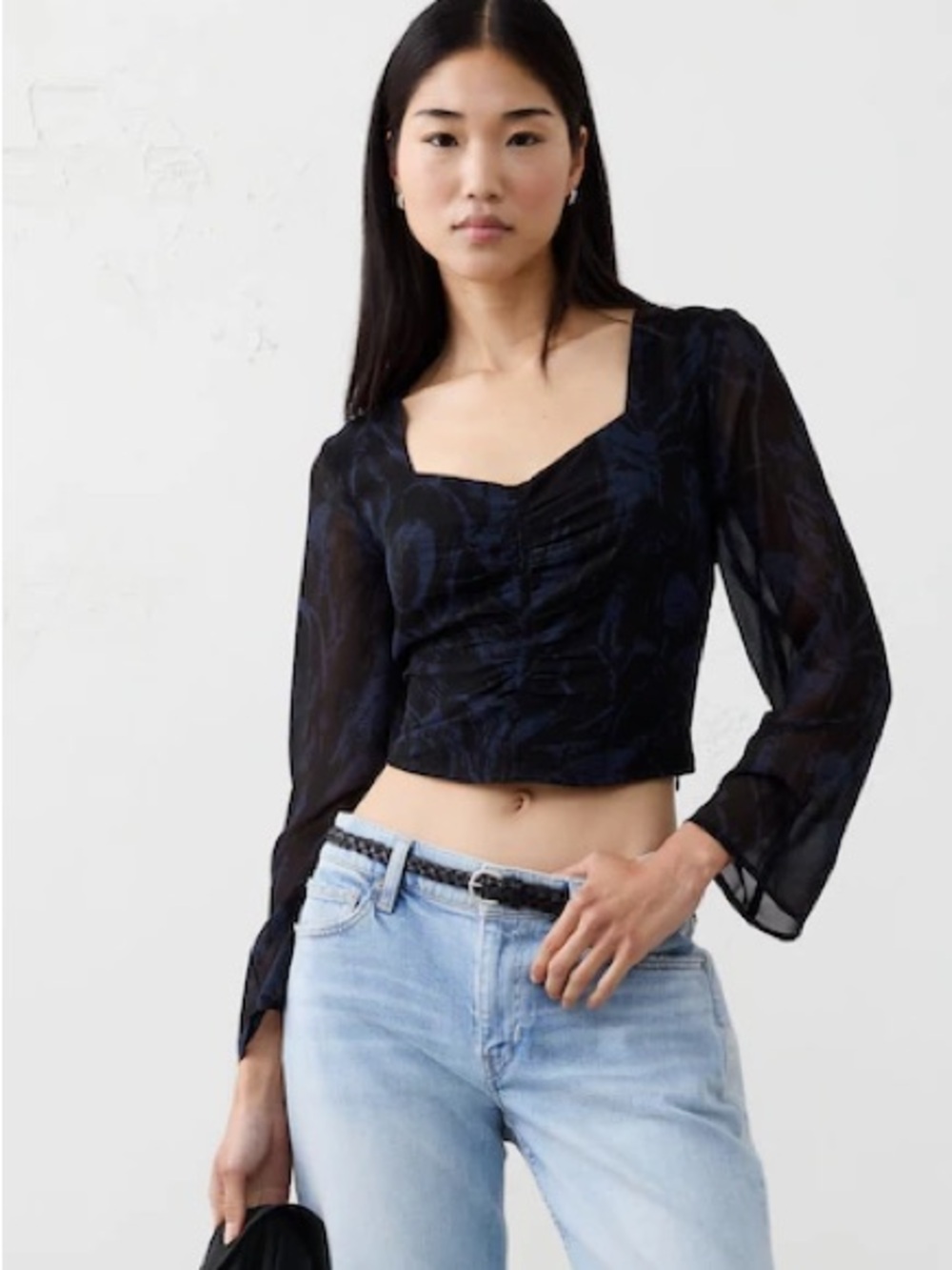 Banana Republic Factory Cropped Shirred Sweetheart Neck Top In Blue Feather 14